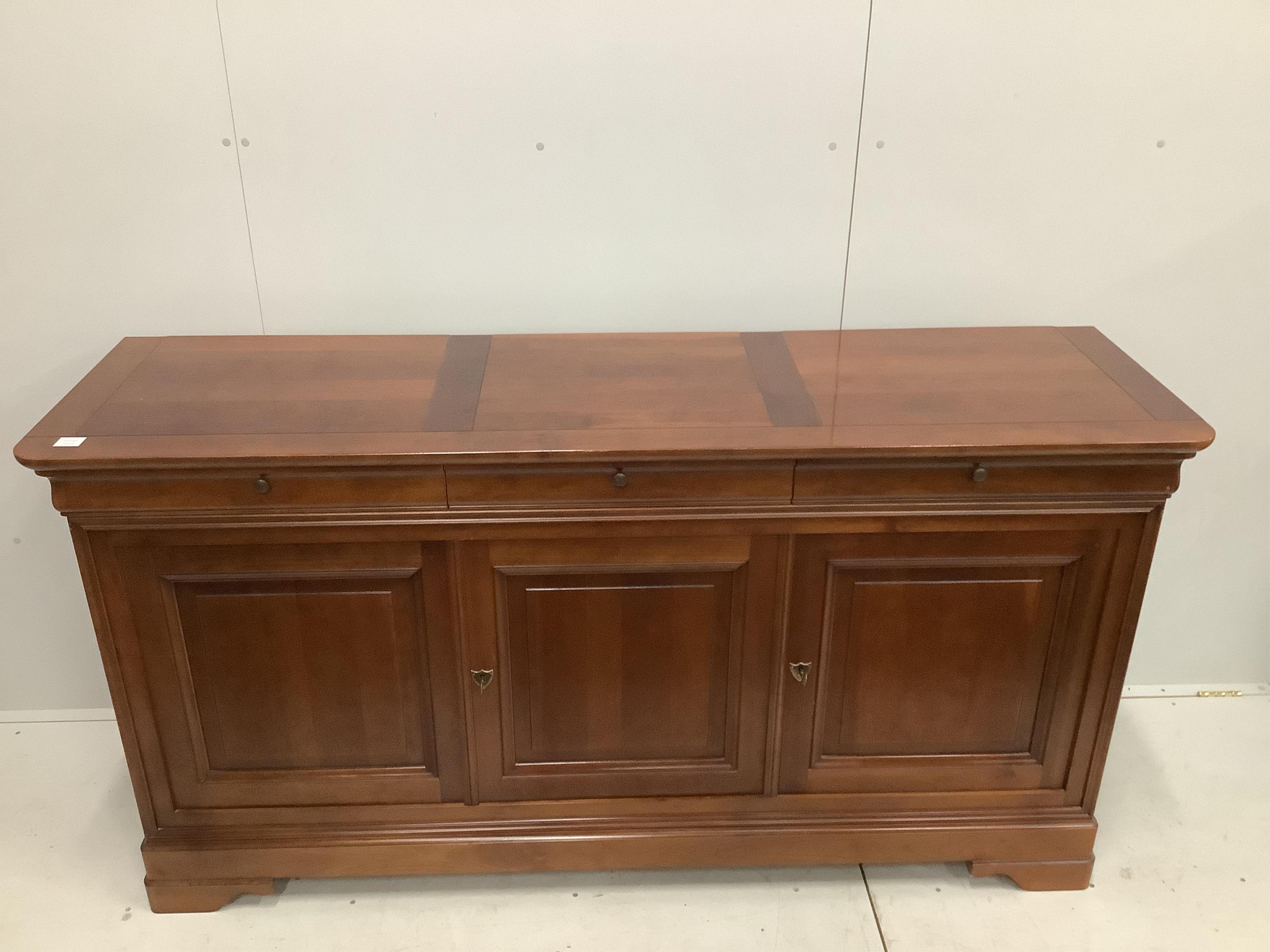 A reproduction French style cherry sideboard, width 191cm, depth 55cm, height 100cm. Condition - good